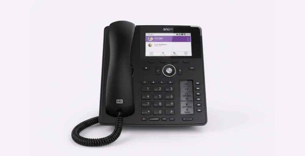 Snom D785 PoE VoIP phone with dual displays, HD audio, and programmable function keys