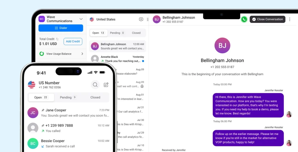 voip texting app dashboard screenshot