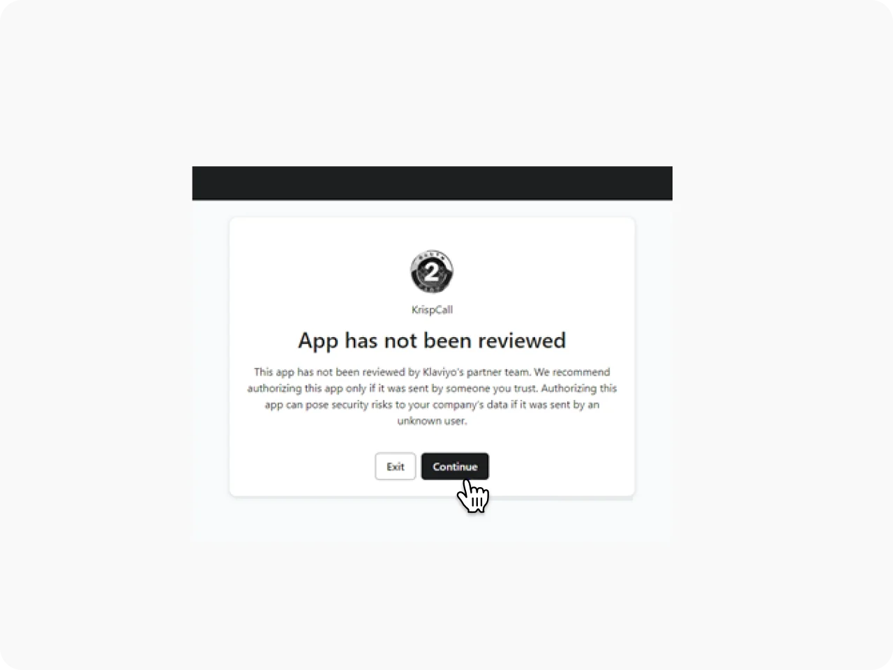 Click Continue Allow to integrate Klaviyo