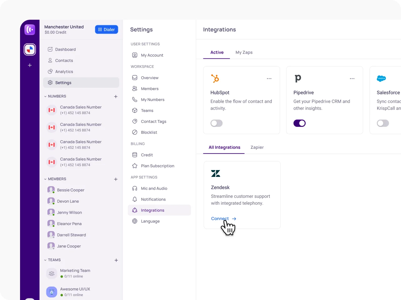 Open the Integration Menu and Select Zendesk